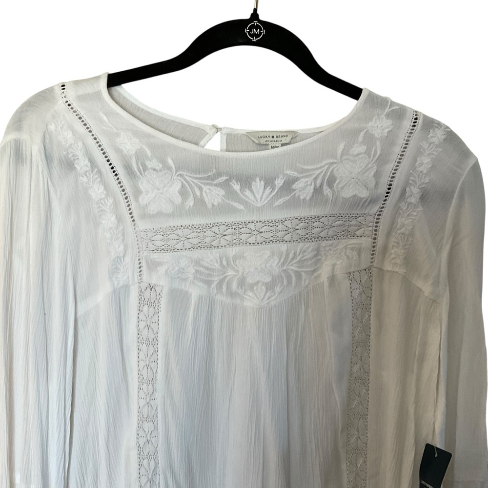 Lucky Brand White Boho Embroidered Lace Peasant Blouse Medium NWT - Picture 3 of 10
